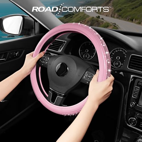 Road Comforts Bling Steering Wheel Cover – Pink Diamond Design, Universal Fit 14.5-15 Inch, Microfiber Leather, Anti-Slip & Breathable Design for Men and Women - color: Pink & Pink