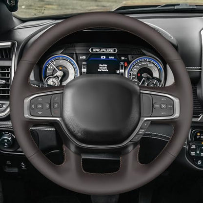 MEWANT Hand Stitch Steering Wheel Cover for Dodge RAM 1500 2500 3500 2019-2025 DIY Custom Fit Coffee Leather Steering Wheel Wrap Protector Non-Slip Breathable - color: Coffee Microfiber Leather&Coffee Stitching