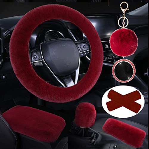 Cute Fluffy Steering Wheel Cover Set, Warm Soft Fur Fuzzy Steering Wheel Covers for Women/Girls,Universal 15 Inch 1 Set 8 Pcs Car Accessories (Wine Red) - color: Wine Red