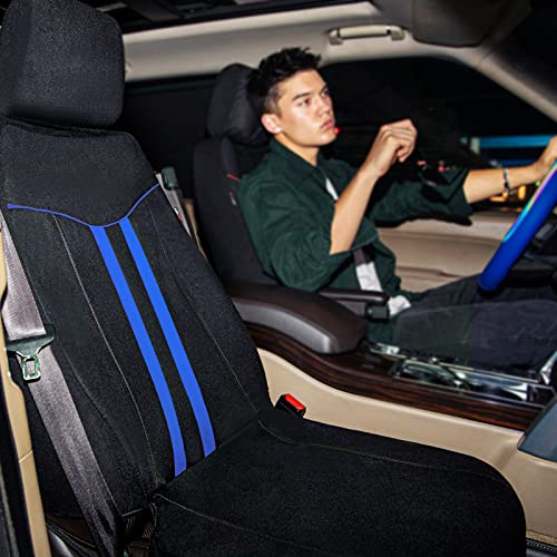 CAR-GRAND Universal Stylish Piping Cloth Car Seat Covers Full Set, Breathable and Washable Seat Covers with Air Compatible,3 Zipper Bench Design,Fit 90% Automotive,SUV,Truck,Sedan (Black-Blue Strips) - color: Black-Blue