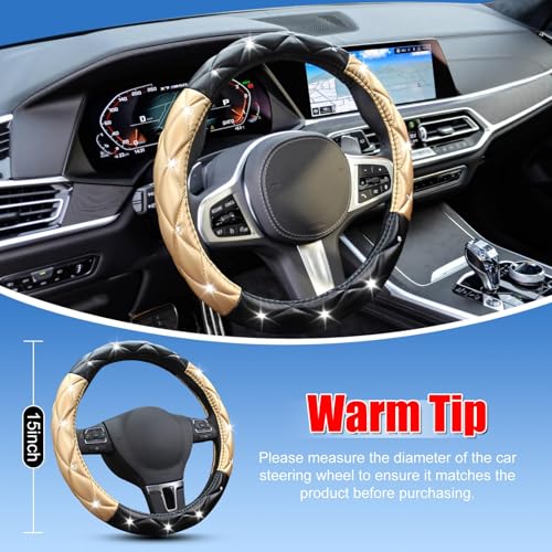 Black and Gold Steering Wheel Cover, Auto Cute Diamond Bling Soft Comfort Leather Car Interior Accessories Protector Sparkly Fit Most O-Shaped Steering Wheels