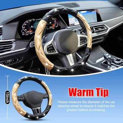 Black and Gold Steering Wheel Cover, Auto Cute Diamond Bling Soft Comfort Leather Car Interior Accessories Protector Sparkly Fit Most O-Shaped Steering Wheels