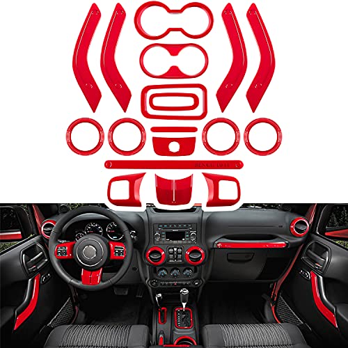 E-cowlboy 18 PCS Full Set Interior Decoration Trim Kit Steering Wheel Center Console Door Handle Air Conditioning Vent Cup Holder Gear Cover Trim for Jeep Wrangler JK JKU 2011-2018 4-Door (Red) - color: Red