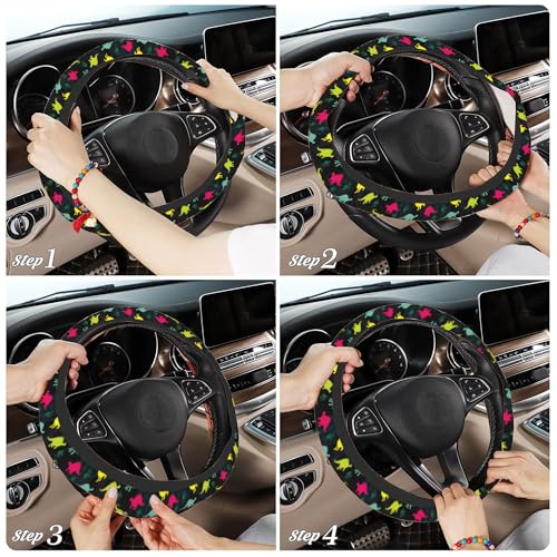 Dinosaur Steering Wheel Cover for Women Girly,Colorful Dino with Paws 15 Inch Non-Slip Breathable Neoprene Steering Wheel Cover Fit Auto,SUVs,Includes 2 PCS Cup Coasters - color: Dinosaur