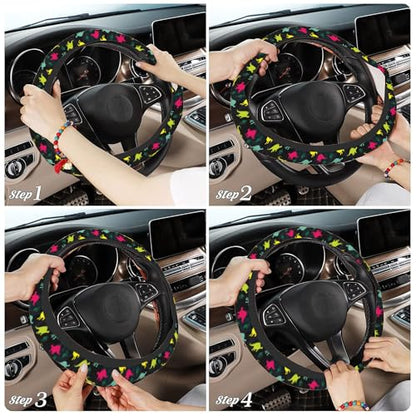 Dinosaur Steering Wheel Cover for Women Girly,Colorful Dino with Paws 15 Inch Non-Slip Breathable Neoprene Steering Wheel Cover Fit Auto,SUVs,Includes 2 PCS Cup Coasters - color: Dinosaur