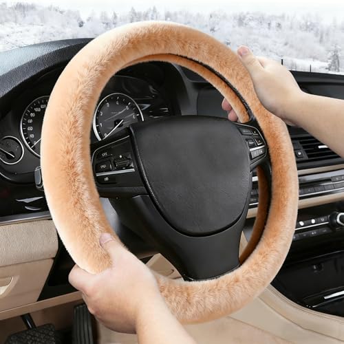 Furry Warm Steering Wheel Cover, Universal 14.5-15 Inch Winter Plush Warm Steering Wheel Cover, Soft Fluffy, Anti-Slip Design, Soft Texture (Camel) - color: Camel Plush
