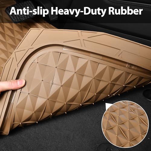 CAR PASS Heavy Duty Rubber Car Mats, Deep Dish All-Weather Floor Mat for Car Full Set Durable Anti-Slip 3D Rhombus Waterproof Trim to Fit Liner Universal Fit Automotive,Sedan,SUV,Truck, 3 Piece Beige - color: light beige