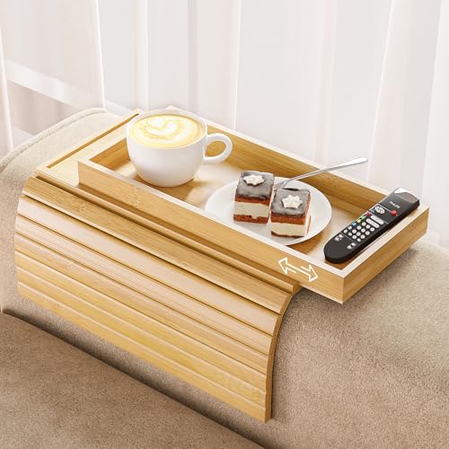 Bamboo Sofa Armrest Tray Table for Couch - 2-in-1 Couch Arm Table with Be Slide Detachable Tray- Anti-Slip Foldable Sofa Armchair Caddy for Drinks Cellphone TV Remote Snacks (Bamboo) - color: Bamboo, size: 16.9" x 13.3" x 1.5"