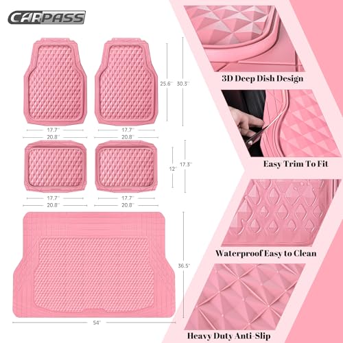 CAR PASS Heavy Duty Rubber Pink Car Floor Mats & Cargo Liners, Deep Dish All-Weather Trunk Mats Durable Anti-Slip 3D Rhombus Waterproof Trim to Fit Liner Universal Fit Auto,Sedan,SUV,Truck, Pink