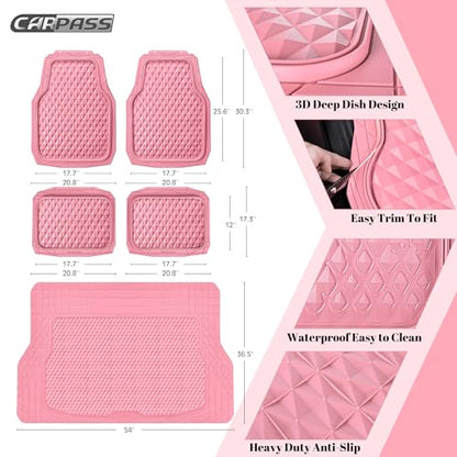 CAR PASS Heavy Duty Rubber Pink Car Floor Mats & Cargo Liners, Deep Dish All-Weather Trunk Mats Durable Anti-Slip 3D Rhombus Waterproof Trim to Fit Liner Universal Fit Auto,Sedan,SUV,Truck, Pink