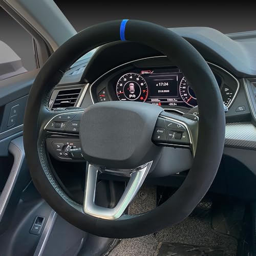 Carodi Suede Steering Wheel Cover ， Non-Slip Leather Car Interior Fitting 15-inch Universal - color: Black (blue lable)