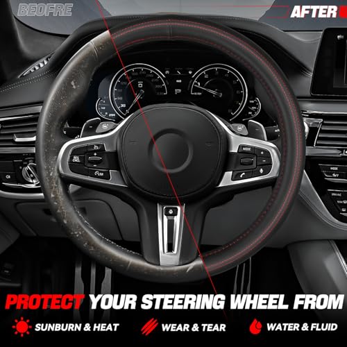 Auto Dynasty Car Steering Wheel Cover, Microfiber Leather Steering Wheel Covers Protector with Anti-Slip Inner Lining, Universal 14.5 to 15 Inch Car Interior Accessories, Red Stitching - color: Stitched Red B