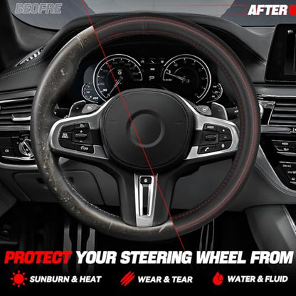 Auto Dynasty Car Steering Wheel Cover, Microfiber Leather Steering Wheel Covers Protector with Anti-Slip Inner Lining, Universal 14.5 to 15 Inch Car Interior Accessories, Red Stitching - color: Stitched Red B