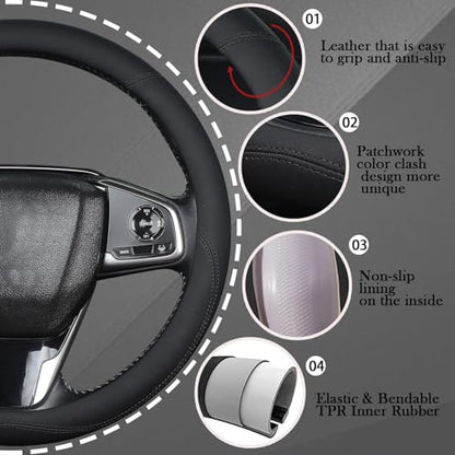 XL Size 16.5-17 Inch Steering Wheel Cover for Car, Van, Fits RV, Semi, Truck, Trailer, Bus, Big Rig Trucker, Classic Cars, Faux Leather Steering Wheel Grip Anti-Slip Design Black - color: Black