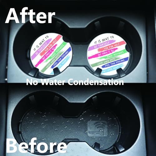 2 Pcs Encouraging Words Car Coasters,Ceramic Cup Holder Coasters with a Finger Notch,2.56" Ceramic Stone & Non-Scratch Cork Base,Car Accessories for Women&Man.
