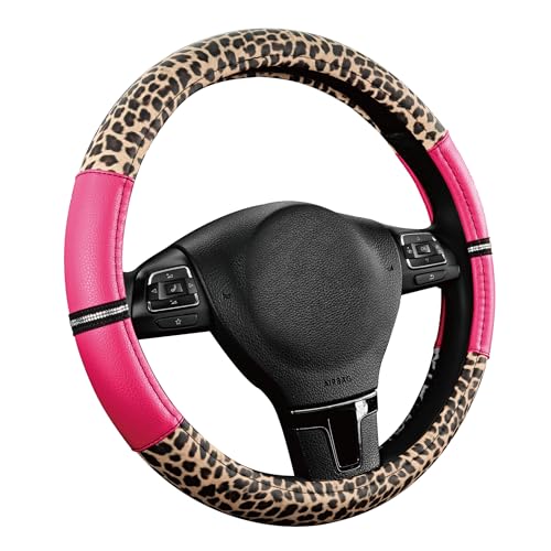 Road Comforts Leopard Steering Wheel Cover for Women, Cute Anti-Slip Microfiber Leather, Universal Fit 14.5-15 Inch Round Steering Wheel - HotPink - color: Round HotPink