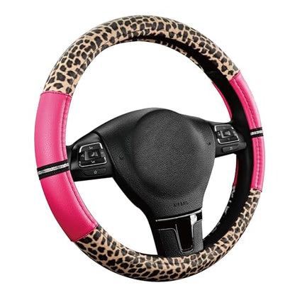Road Comforts Leopard Steering Wheel Cover for Women, Cute Anti-Slip Microfiber Leather, Universal Fit 14.5-15 Inch Round Steering Wheel - HotPink - color: Round HotPink
