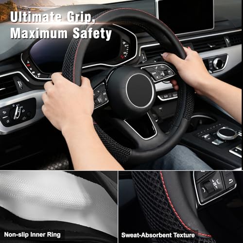 15 inch Steering Wheel Cover, Cooling Ice Silk Mesh with Microfiber Leather, Ultra Breathable, Anti Slip Car Grip, Heat Resistant Summer Cool, Universal Fit, Black - color: black, size: Standard Size[14.5"-15"]