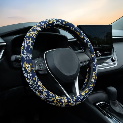 Navy Spherical Flowers Steering Wheel Cover Auto Steering Wheel Protector, Anti-Slip, Absorbing Sweat, Universal Flowers Car Accessories 14.5–15 inch,Fit for Most Car, Trucks, SUV - style: Navy Spherical Flowers JQ