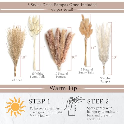 Set of 3 White Ceramic Vase with 65 PCS Dried Pampas Grass Flowers Aesthetic Boho Modern Small Round Cute Vases for Decor Living Room Coffee Table Shelf Bedroom Office Desk Home Gifts Women Mom