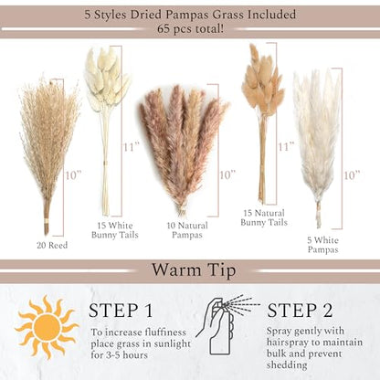 Set of 3 White Ceramic Vase with 65 PCS Dried Pampas Grass Flowers Aesthetic Boho Modern Small Round Cute Vases for Decor Living Room Coffee Table Shelf Bedroom Office Desk Home Gifts Women Mom