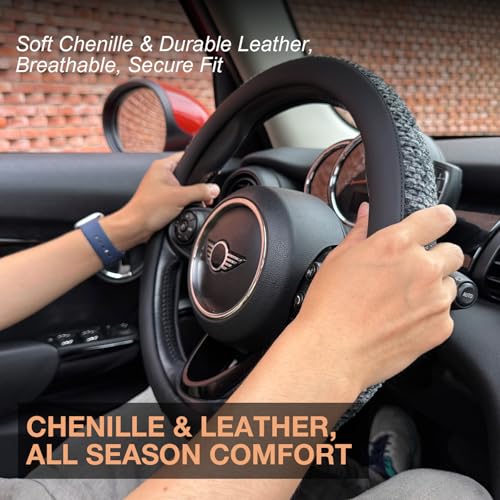 Large Size Chenille Leather Steering Wheel Cover, Soft Mottled Colors, Sweat-Proof, Non-Slip Grip, All-Season Comfort, 15.5-15.75 Inch(Mottled Gray)