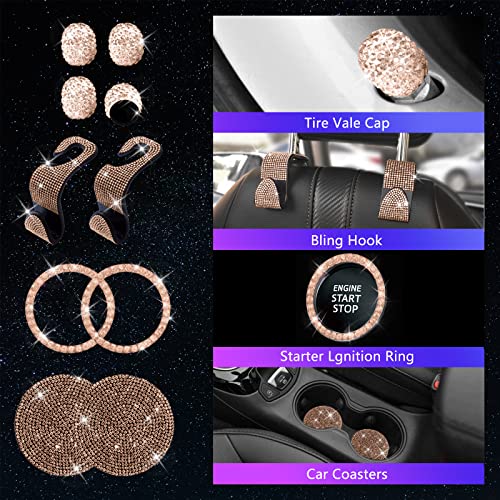 25PCS Bling Car Car Accessories Set,15 Inch Steering Wheel Cover,Shiny License Plate Frame,Center Console Cover and Rearview Mirror Set and Other Car Accessories(Champ) - color: Champagne