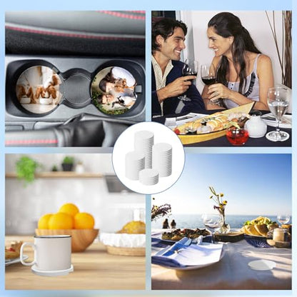 312 Pcs Ceramic Car Coasters with Bags and Cards Set 2.64” Sublimation Car Coasters Blanks Bulk Ceramic Car Cup Holder Coasters with A Finger Notch for Easy Removal Car Coaster Packaging DIY Craft