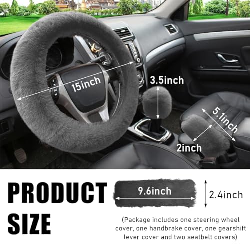 5 PCS Fluffy Steering Wheel Covers Set, Faux Wool Steering Wheel Cover & Handbrake Cover & Gear Shift Cover & 2 Seat Belt Shoulder Pads, Universal Car Accessories (Gray) - color: Gray