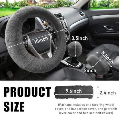 5 PCS Fluffy Steering Wheel Covers Set, Faux Wool Steering Wheel Cover & Handbrake Cover & Gear Shift Cover & 2 Seat Belt Shoulder Pads, Universal Car Accessories (Gray) - color: Gray