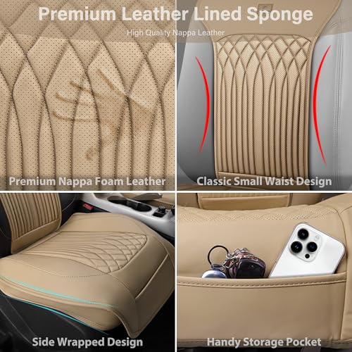 CAR PASS Car Seat Protector, 2 Pack Sideless Nappa Leather Seat Covers for Cars, All Season Waterproof Breathable Front Seats Cushion with Storage Pocket Universal Fit Vehicle Car SUV Truck, All Beige - color: Beige