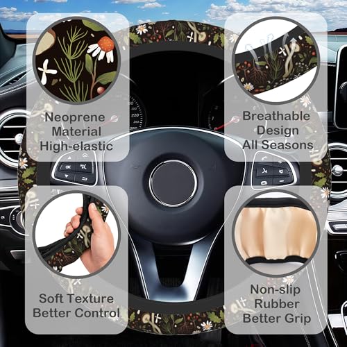 Mushrooms and Herbs Steering Wheel Cover with 2 Pcs Car Coasters Neoprene Steering Wheel Cover for Women Men Anti-Slip Breathable Car Accessories Universal 15 Inch Fit Auto Cars Trucks - color: Mushrooms and Herbs
