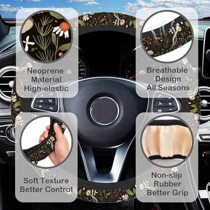 Mushrooms and Herbs Steering Wheel Cover with 2 Pcs Car Coasters Neoprene Steering Wheel Cover for Women Men Anti-Slip Breathable Car Accessories Universal 15 Inch Fit Auto Cars Trucks - color: Mushrooms and Herbs