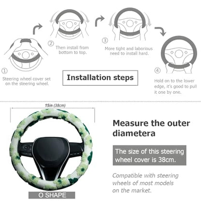 Green Plush Flowers Steering Wheel Cover Auto Jacquard Steering Wheel Protector, Anti-Slip, Breathable, Absorbing Sweat, Universal Car Accessories 14.5–15 inch,Fit for Most Car, Trucks, SUV - style: Green Plush Flowers