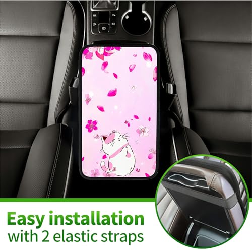 Universal Auto Center Console Pad and 2Pcs Car Coasters Set, Anti Slip Soft Neoprene Car Armrest Seat Box Cover Protector for Most Vehicle - Car Interior Accessories, Pink Flower Cat
