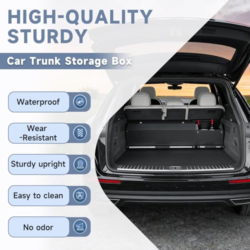 Car Trunk Organizer, Collapsible Leather Car Trunk Storage Organizer with Lid and Sturdy Handle Car Organizer and Storage for SUV, Truck, Sedan (Black, 41 x 11.4 x 12.2in) - size: 41" x 11.4" x 12.2"