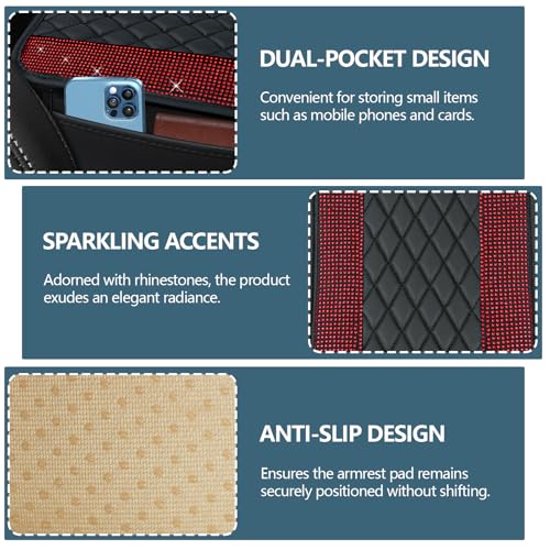 Bling Leather Car Center Console Cover, 12.2"×7.48" Crystal Rhinestone Automotive Arm Rest Cover with Side Pockets, Universal Vehicle Armrest Protector, Interior Car Accessories (Red) - color: Red