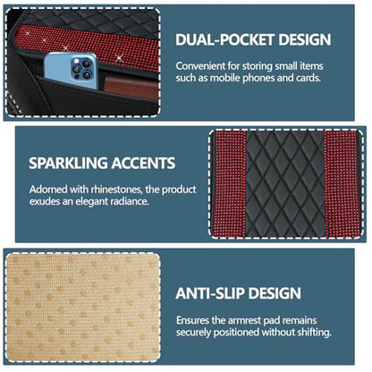 Bling Leather Car Center Console Cover, 12.2"×7.48" Crystal Rhinestone Automotive Arm Rest Cover with Side Pockets, Universal Vehicle Armrest Protector, Interior Car Accessories (Red) - color: Red