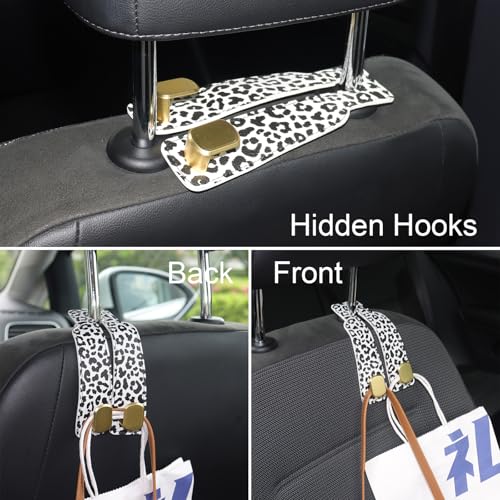 Purse and Bag Hook for Car, Zinc Alloy Seat Headrest Hooks, Upgraded Leather Car Seat Back Purses Hanger and Bags Holder (White Leopard) - color: White Leopard