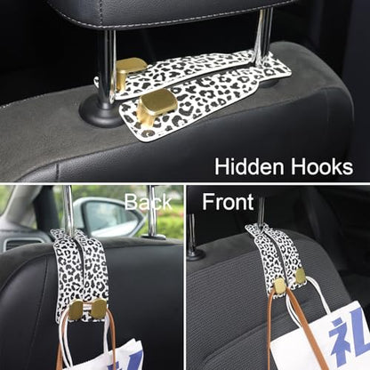 Purse and Bag Hook for Car, Zinc Alloy Seat Headrest Hooks, Upgraded Leather Car Seat Back Purses Hanger and Bags Holder (White Leopard) - color: White Leopard