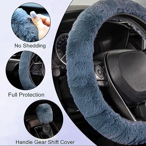 SEG Direct Furry Car Steering Wheel Cover with Fluffy Gear Shift Cover Soft Warm Non-Slip Car Decoration for Men Women Girls 2 PCS Set, Blue Gray