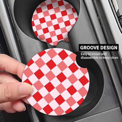 2 Pack Universal Ceramic Car Coasters，Ceramic Stone with A Finger Notch for Easy Removal of Car Cup Holder Coaster(Pink Plaid) - color: Pink Plaid