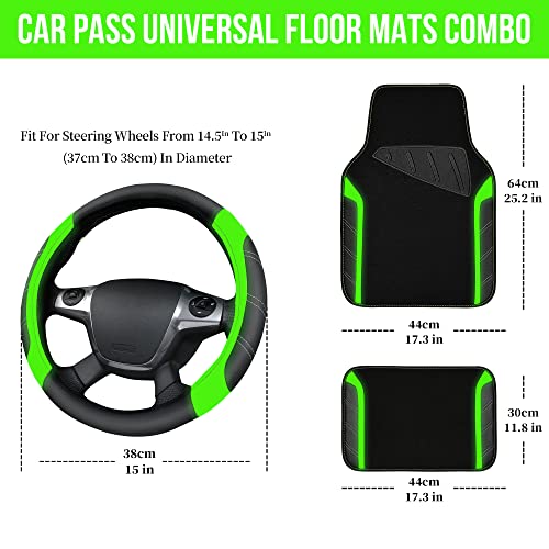 CAR PASS Leather Steering Wheel Cover and Waterproof Car Floor Mats,Microfiber Universal Car Combo Fit for 95% Sedan,SUV,Cars,14.5-15inch Sporty Anti-Slip Comfortable Design(Black＆Fluorescence Green) - color: Black＆Fluorescence Green