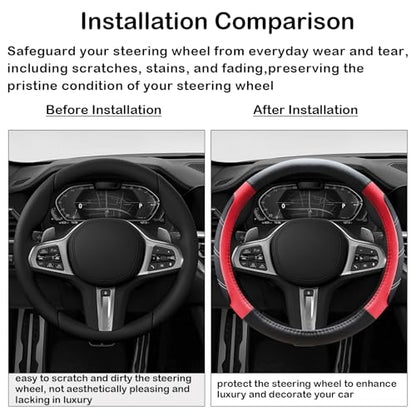 Black and Red Line Punching Car Steering Wheel Cover, Microfiber Leather Sports, 14.5-15 in Universal Leather Wheel Covers, Breathable Fashion Anti-Slip, Steering Wheels Accessories for Men Women - color: Line Punching-Black and Red
