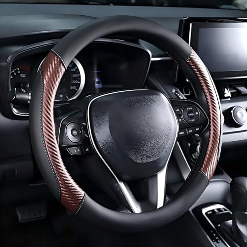 Brown Steering Wheel Cover - Carbon Fiber Texture and Premium Perforated Leather Sport Wrap with Odorless Rubber Non-Slip Inner, Universal Fit for Cars Trucks SUVS - 15 Inch (Brown) - color: Brown