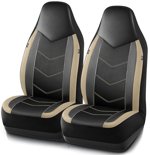 PIC AUTO Leather Car Seat Covers, Sports Carbon Fiber & Mesh Design, High-Back Two Front Set, Waterproof Automotive Seat Covers, Airbag Compatible, Universal Fit for Most Cars (Black & Beige) - color: Beige, size: Two Front
