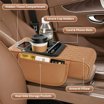 5-in-1 Car Armrest Cushion, Multifunctional PVC Leather Center Console Armrest Pillow Elbow, Universal Arm Box Pad Cover with Cup Holder, Phone Slot, Tissue Box Slot & 2 Storage Bags, Orange - color: Orange