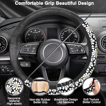 Daisy Steering Wheel Cover for Women Girly,White Daisy Flower 15 Inch Non-Slip Breathable Neoprene Steering Wheel Cover Fit Auto,SUVs,Includes 2 PCS Cup Coasters - color: Daisy