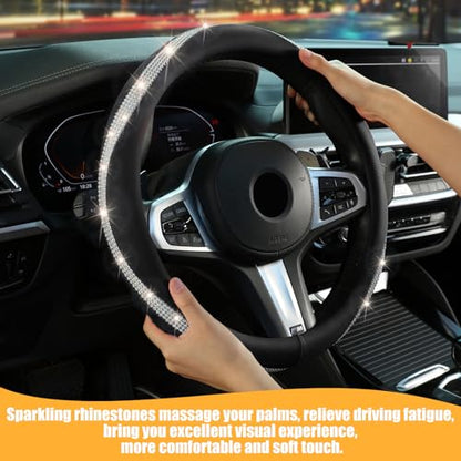 Black Steering Wheel Cover，with Bling Crystal Rhinestone, Delicate and Anti-Slip Sparkly Sedan Steering Wheel Cover ，Adaptable to 14.5-15 inches Steering Wheel, LPFS1