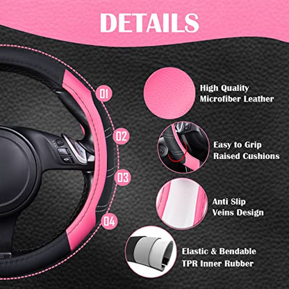 CAR PASS Line Rider Microfiber Leather Sporty 14.5-15 inch Steering Wheel Cover Universal Fits for 95% Truck,SUV,Cars, Anti-Slip Safety Comfortable Design (Black Pink)
